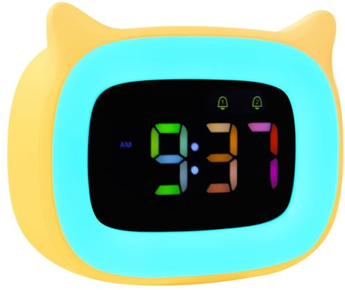 Seutgjie Sveglia per Bambini, Sveglia Digitale da Comodino con 8 Luce Ricaricabile Intelligente per Bambina Adolescenti Ragazze Ragazzi 18 suonerie doppia sveglia modalità snooze 12/24 ore Giallo