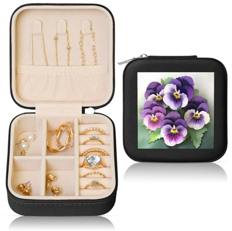 JTKREZ Pansies Flower Printed Leather Jewelry Box, Black Square Jewelry Organizer for Earrings, Rings, Necklaces, Bracelets