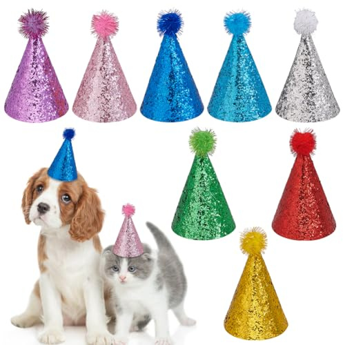 GOMAKERER 16 Stück Katzen Geburtstagshut 8 Farben, Mini Hundemütze Mit Metallischen Pailletten Und Pompons Hundehalsband Stirnband Für Kleine Und Mittelgroße Haustiere Urlaub Hochzeit Welpen
