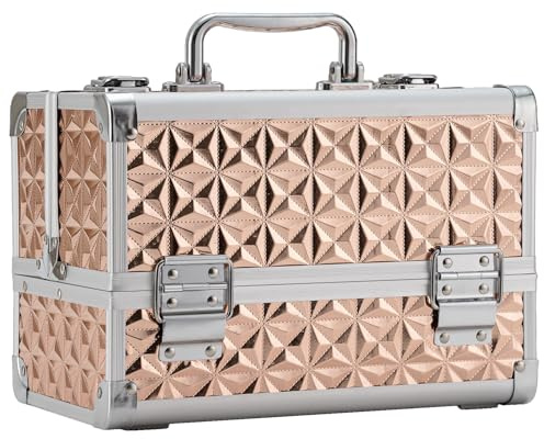Leeora&Leekoo Smink tågfodral kosmetisk låda bärbar makeupfodral organiserare 2 brickor sminkförvaring med spegel för kosmetolog estetiska tillbehör spik teknik resa makeupbox, Rosa guld, Enkel