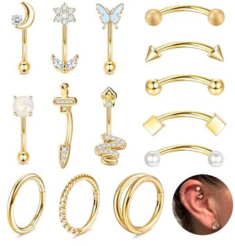 Milacolato Rook Piercing Chirurgenstahl Gold Augenbrauen Piercing 16G Rook Ohrringe für Frauen Gebogene Hanteln Augenbrauen Ringe Helix Hoop Ring 8MM Vertical Labret Piercing Schmuck-G