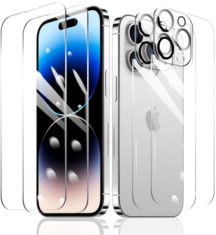 Fylnatc 2 x Pellicola Protettiva per iPhone 14 Pro + 2 x Pellicola Fotocamera + 2 x Back Vetro Temperato Film, Screen Protector, Pellicola Protezione, HD Chiaro, Durezza 9H, Anti Graffio, Senza Bolle