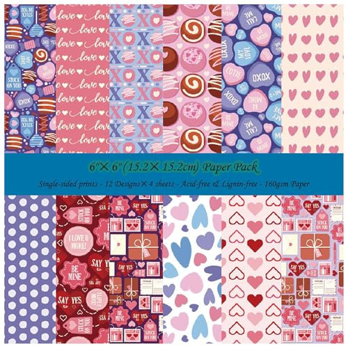 ZAKHSE Motivpapier Valentinstag, 48 Blatt Designpapier Liebe Herz 15,2x15,2cm Einseitig Bedruckt Scrapbook Papier, 12 Designs, 160gsm Bastelpapier Muster für Scrapbook Kartenherstellung-Rosa/Lila