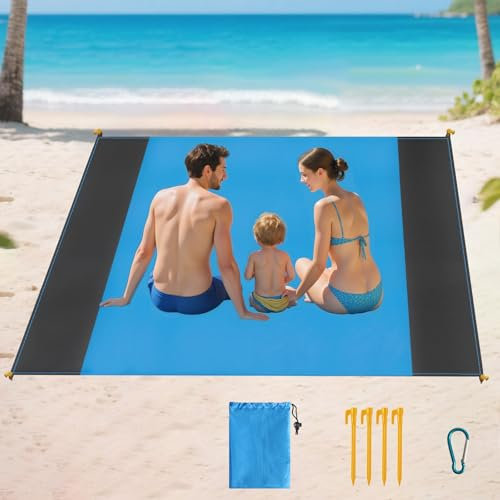 XWCHASA Beach Blanket, Waterproof Picnic Blanket 210 x 200 cm, Sandproof Beach Mat with Pockets and 4 Stakes, Portable Pocket Mat for Picnic Outdoor Garden Park Grass Travel Hiking