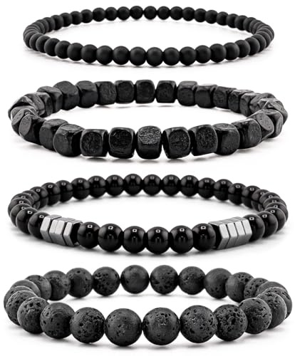 Lameybrt Party Jewelry Multi-Layer Bracelet Set Casual Wear Black Beaded Bracelets for Men with Natural Stone, Lava Rock, Onyx, Hematite, Tiger's Eye (F03, One Size)
