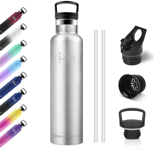 Thermosflasche 1L, BPA-Frei, Edelstahl Trinkflasche mit Strohhalm, Vakuum Thermosflasche, Einhandöffnung, Kohlensäure Geeignet, Isolierte Wasserflasche für Fahrrad, Picknick, Fitness, Sprudel