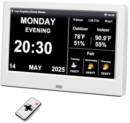 2025 Digital Clock with Temperature Humidity Monitor Weather Forecast, Auto Time Sync, Large Display, Custom Alarms & Medication Reminders, Elderly Memory Loss (White, 7-Inch)