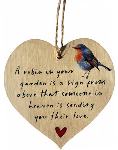 Tivleed Grave Ornaments Memorial Plaques,Robin Garden Ornaments Outdoor Heart-Shaped Wooden Keepsake, 10cm x 10cm x 0.3cm, Light Wooden Color, Remembrance Garden Decor