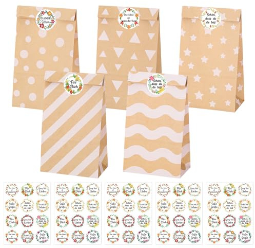 woric 50 Stück Papiertüten Braun, 22x12x7cm Kraftpapiertüten | Geschenktüten mit 60 Aufkleber(Auf Deutsch) Candy Tüten DIY Tüten zum Befüllen für Hochzeit Kindergeburtstag