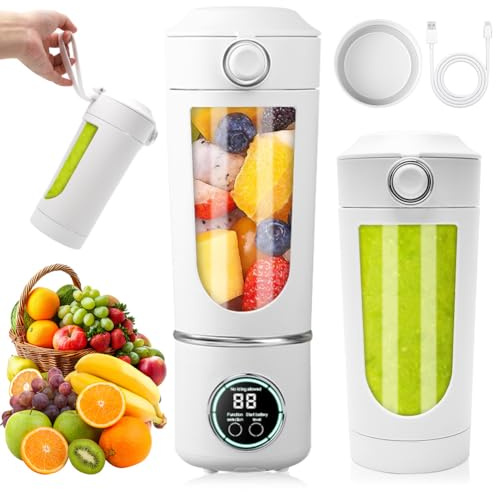 Mixeur portable, 700 ml petit mixeur à smoothies, mini-blender avec 12 lames en acier inoxydable et affichage numérique, shaker rechargeable et smoothie-maker pour voyage, fitness, cuisine (Blanc)