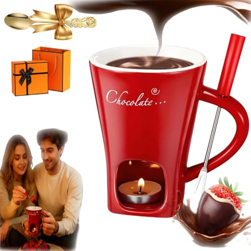 fjaldjfu Schokofondue Tasse, 2025 Neu Fondue Tasse mit Gabel Schmelztopf für Weihnachtsplätzchen, Mehrzweck Chocolate Fondue Set für Käse, Schokolade, Butter und Karamell (1PC-A)
