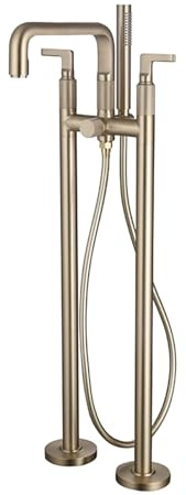 Robinet de baignoire moderne autoportant en laiton à haut débit double colonne avec mitigeur de douche à main finition dorée élégante pour salle de bain de luxe