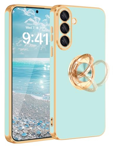 Fingic for Samsung Galaxy S26 Case 360° Rotatable Ring Holder Kickstand | Plating Gold Edge Support Car Mount Magnetic Stand Slim Fit Soft TPU Shockproof Protective Phone Case 6.3 2026, Teal