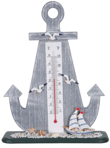BAZEITFLOW Nautisches Thermometer Schiffsmotiv Tischdekoration Mediterranes Dekor Innen und Außen Vintage Metall Thermometer für Garten und Büro