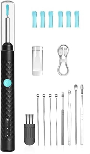 Ear Wax Removal Kit Wireless Otoscope with 1920P HD Camera and 6 PCS Ear Spoon 3.5mm Smart Visual Ear Cleaner Tool with Soft Tips App Support Safe for Adults and Children (Black)