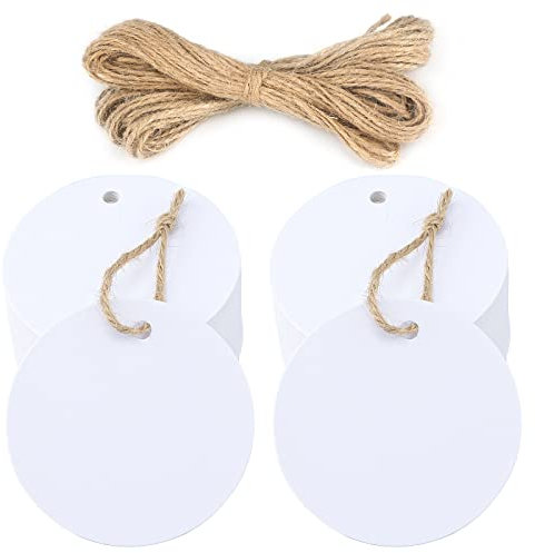 Rund Geschenkanhänger Kraftpapier Etiketten 5,5 cm, 100 Stück Hängeetiketten und Juteschnur, für Handwerk, Hochzeit, Weihnachten, Geschenkverpackung (Weiß)