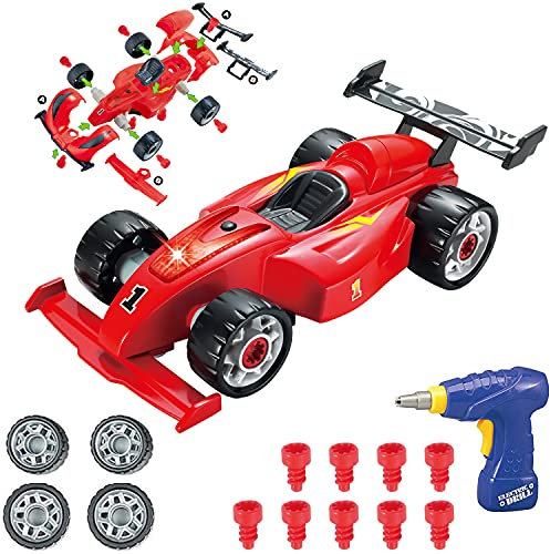 F1 Construction Toy Building Blocks - 24 Pieces - 2 in 1 Easy Build Your Own Racing Car Kit with Electric Drill Tool - Take Apart Toys Gifts for 3+ Years Old Boys Kids