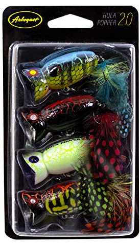 Arbogast Hula Popper 2.0 Topwater Fishing Lure with Feathered Treble Hook and Crackle Pattern Body, 2, 3/8 oz, Multi, 4-Pack