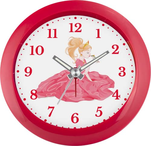 Eurotime Despertador infantil con diseño de princesa y rana, color rojo, carcasa de plástico y cristal de plástico, 22155-01