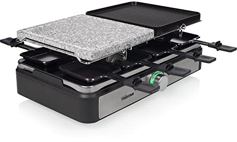 Tristar RA-2725 Raclette multifuncional cinco en uno, plancha de asar, parrilla, raclette y plancha de piedra, termostato regulable, superficie doble de 21 x 23 cm, Para 8 comensales, 1400 W