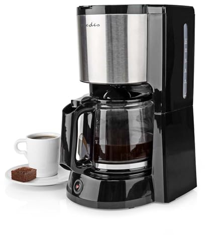 Nedis - Kaffeemaschine - Glaskanne - Abnehmbaren Filterhalter - Warmhaltefunktion - Mit Nylonfilter - Abschaltautomatik - Anti-Tropf-Funktion - 12 Tassen auf Einmal - 1,5 L - Schwarz/Silber