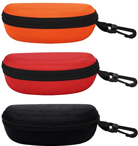 molshine 3-teiliges tragbares Hartschalen-Sonnenbrillen etui, Brillenetui mit Reißverschluss und Haken für Damen und Herren, Reisen, Sport (Schwarz & Rot & Orange)