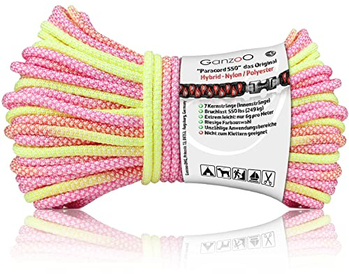 Ganzoo Paracord 550 Kordel 4 mm, 30 m Länge, Typ 3 mit 7 Kernsträngen, Pink-Gelb Diamond Regenbogen, Nylon Polyester, Outdoor-Seil für Camping, Survival, DIY Armband, Hundeleine, Hundehalsband knüpfen