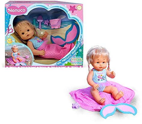 Famosa Nenuco - Nenuco Kleine Meerjungfau, Babypuppe mit abnehmbarem Meerjungfrauenschwanz aus Stoff, Spielzeug mit Zubehör, wasserfest, Geschenk für Jungen und Mädchen ab 2 Jahren, (NFN22000)