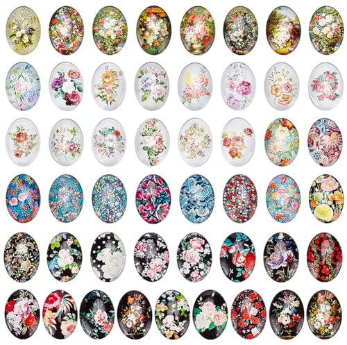 PandaHall 50 Stück Ovale Glascabochons, 25x18mm Blume Bedruckte Glascabochons Vintage Gemischte Farbmosaik-Fliesen zum Basteln Foto Anhänger Ohrring Halskette Schlüsselanhänger Schmuckherstellung