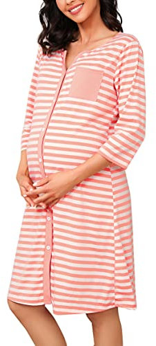 Marvmys moderskap nattlinne för sjukhus amning nattkläder 3/4 längd ärmar amning nattlinne button-down sovskjorta v-hals pyjamas mjuka myskläder för gravida kvinnor, En rosa, S