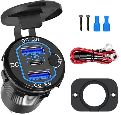 Linkstyle Car USB Outlet, Dual 18W QC3.0 & 20W PD Ports USB Charger Socket with Button Switch for 12V/24V RV Boat Marine Truck