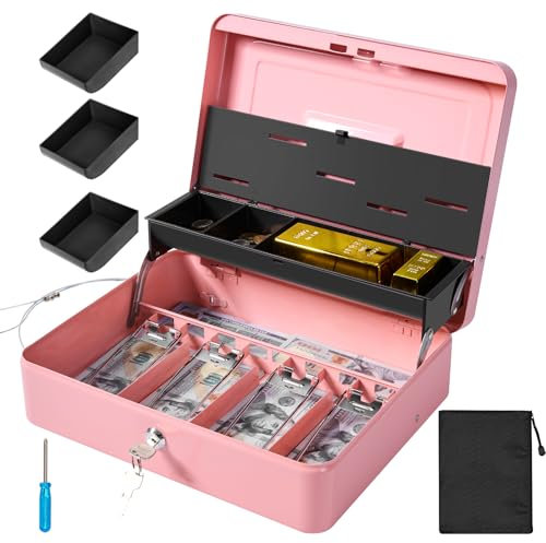 Polspag Große Geldkassette mit Sicherheitskabel und Münzablage, Metall-Spardosen mit Geldablage und Schlüsselschloss, tragbare abschließbare Geldkisten mit verstellbarer, abnehmbarer Münzbox,