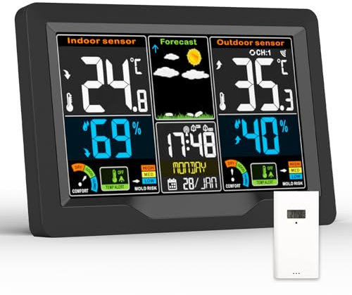 Estación Meteorológica Exterior Interior, Estacion Meteorologica para Casa con Sensor Digital, Termómetro Higrómetro Barómetro con Pronóstico del Tiempo, Pantalla LCD Color, Hora, Alarma