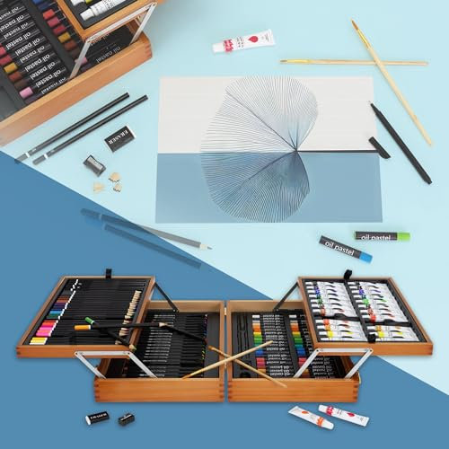 ECD Germany Set per Pittura da 127 Pezzi con Valigetta di Legno Custodia per Dipingere XXL per Bambini e Adulti Scatola per Disegno Set per l'Arte Matite Colorate Acquerello Pastelli a Olio Temperino