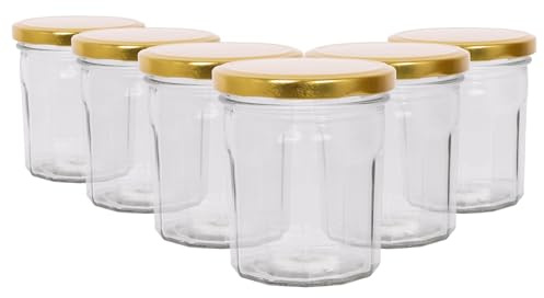 Argon Tableware Glass Jam Jars with Airtight Gold Lids - 250ml - Pack of 6 - Empty Screw Top Kitchen Storage Jar for Food, Honey, Spice, Pickling, Preserving, Candle Making