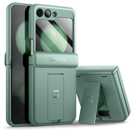 SURITCH för Samsung Galaxy Z Flip 5, fodral med skärmskydd och gångjärnsskydd, vikbart stativ, heltäckande stötsäkert skyddande matt skydd – grön