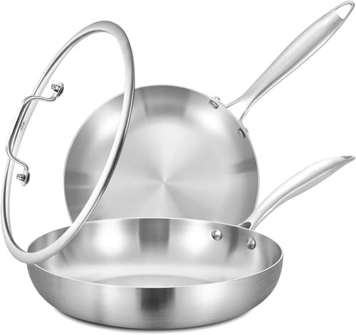 Inqibee Edelstahlpfanne Bratpfanne Unbeschichtet 22cm+26cm mit Deckel | Pfannenset Edelstahl, Edelstahl-Bratpfannen-Set, Für Induktion & alle Herdarten - Ofenfest, Spülmaschinenfest