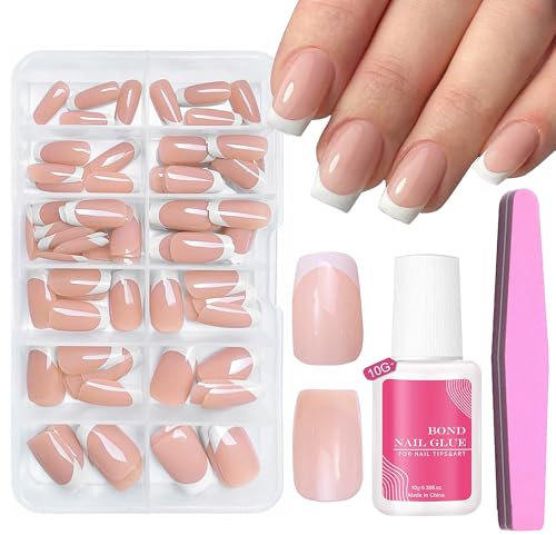 240PCS Press on Nails - French Tip Manicure - Medium Square Nails - White French Tip Fake Nails - Full Cover Acrylic False Nail Kit