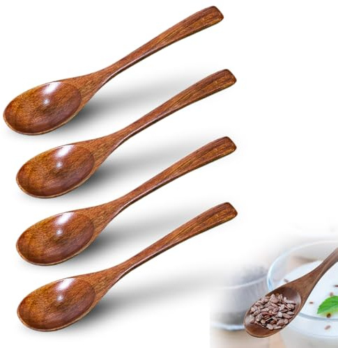 Honiglöffel Holz, Holzlöffel 4 Stück Handgefertigter Holzlöffel Klein Nanmu Suppenlöffel Mischen Rühren Kochen Wooden Spoon für Heiße Schokolade Honig Kaffee Tee Küchenzubehör(14.5 * 3cm)