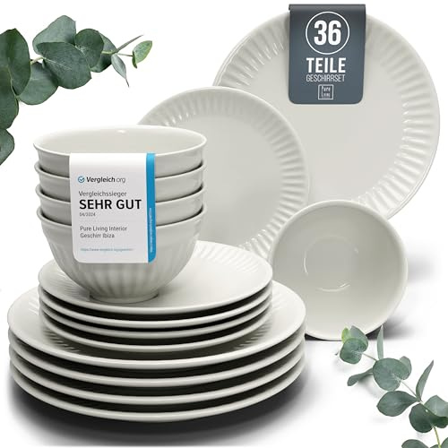 Steingut Geschirrset 12 Personen Hygge 36 tlg. TESTSIEGER, Traumhaftes Skandinavisches Steingut Geschirr Set, Schüssel- und Teller Set, Tafelservice 12 Personen, Geschirrsets Pure Living in Beige