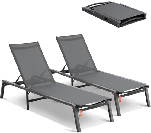 VEVOR Chaise Longue Jardin extérieur, Lot de 2, transat de Patio Pliable en Aluminium avec 5 Positions réglables, chaises inclinables de Bronzage entièrement Plates pour Plage, Piscine, Gris foncé