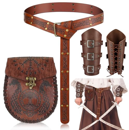 SATINIOR Halloween Nekromanten Anzug Mittelalterliche Accessoires Set Mittelalter Armschienen Geprägter Gürtel Kunstleder Gürtelbeutel für Wikinger Piraten Hexe Ritter (Wolf Totem)