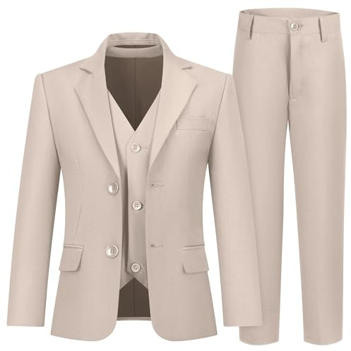 Hipfun Jungen 3-teiliges Anzug-Set mit Anzugjacke, Weste, Hose, formeller Smoking, schmale Passform, Ringträger-Outfit, Größe 2–20, 3 Stück, Champagner, 10