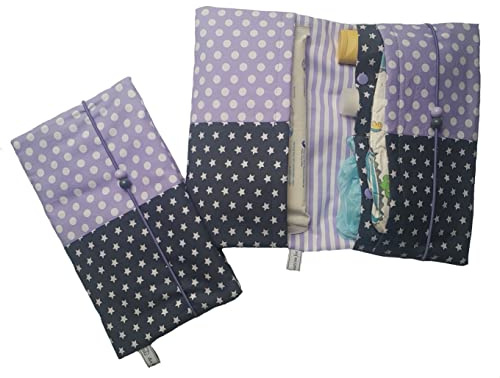 die-kreative-fee Handmade Windeltasche Stoff 4 Fächer Windelorganizer | mit Elastikkordel, geöffnet ca. 33x27 cm, ideal für unterwegs, dunkelgraue Punkte Sterne Herzen - farbig unterteilt