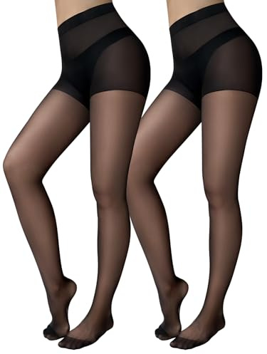 Jamieya 2 Pairs Black Sheer Tights for Women, 20D Control Top Pantyhose Stockings Tummy Control Under Dress (X-Large, Black)