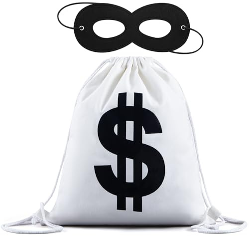 Xuniea 46 cm x 37 cm Dollar Geldsack 2 Stück Bankräuber Kostüm Panzerknacker Turnbeutel mit Dollarzeichen Geldsack und Bandit Augenmaske Schwarz Karneval Einbrecher Cosplay für Fasching Karneval