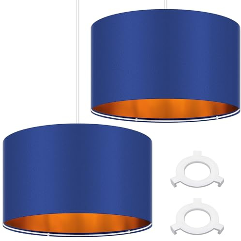 Weewooday 2 Pack Blue Fabric Lampshade for Ceiling 14 Modern Golden Inner Drum Lamp Shade with E27 to E14 Lamp Shade Adapter Ring for Pendant Lights Table or Bedside Floor Lights