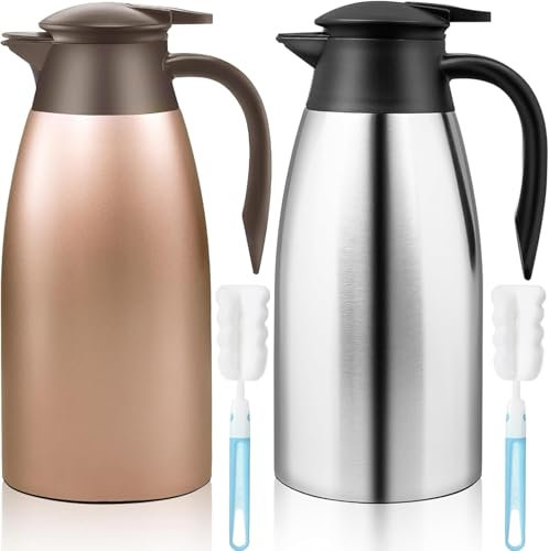 2 Pcs 2 Liter Thermal Coffee Carafe Insulated Stainless Steel Coffee Carafe for Hot Liquids Vacuum Thermal Pot Creamer Dispenser with Brushes Keeping Hot 12 Hours (Silver, Copper-Gold)