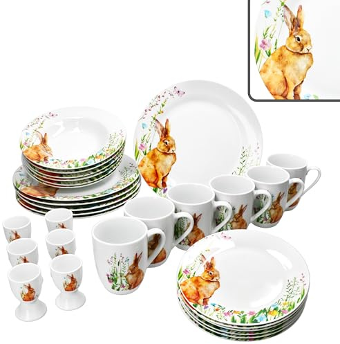 MamboCat 30tlg Frühstücksset Osterfreude I frühlingshaftes Porzellan-Geschirrset mit Osterhasen-Dekor für 6 Personen I Je 6X Eierbecher, Becher, Kuchenteller, Suppenteller & Speiseteller