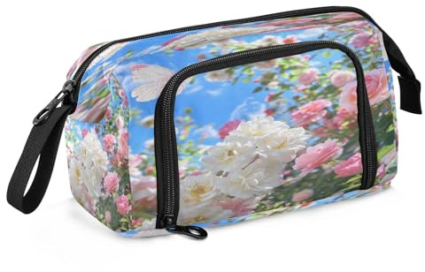 Mnsruu Federmäppchen mit rosa Blumen und weißen Rosen, großes Fassungsvermögen, Stifteetui, Schreibwaren, Büro, Organizer-Tasche für Jungen und Mädchen, Rosa Blumen, weiße Rosen, Einheitsgröße
